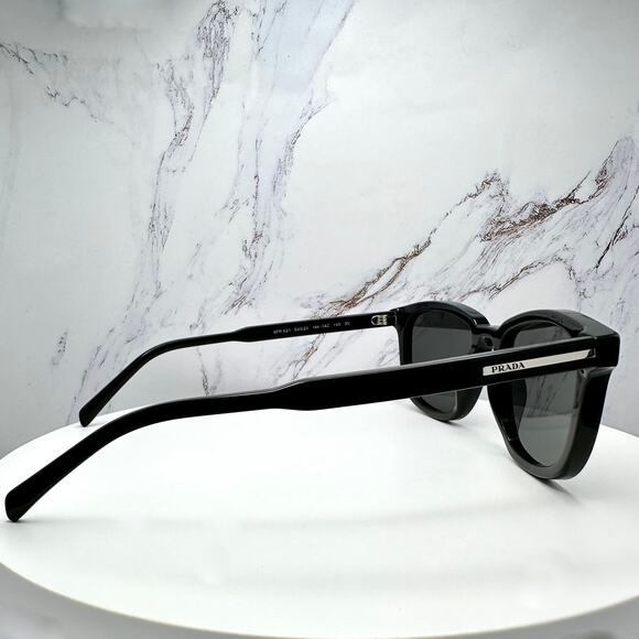 New PRADA Sunglasses Black Acetate Square Silver Metal Logo 53mm Gray Lens - Picture 10 of 16